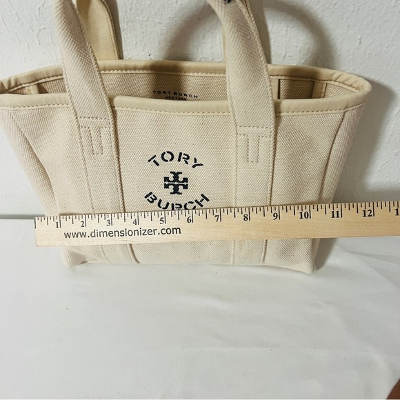 Tory Burch Mini Mercer Canvas Tote Cream with Black Leather on Handles NWOT - Picture 9 of 10